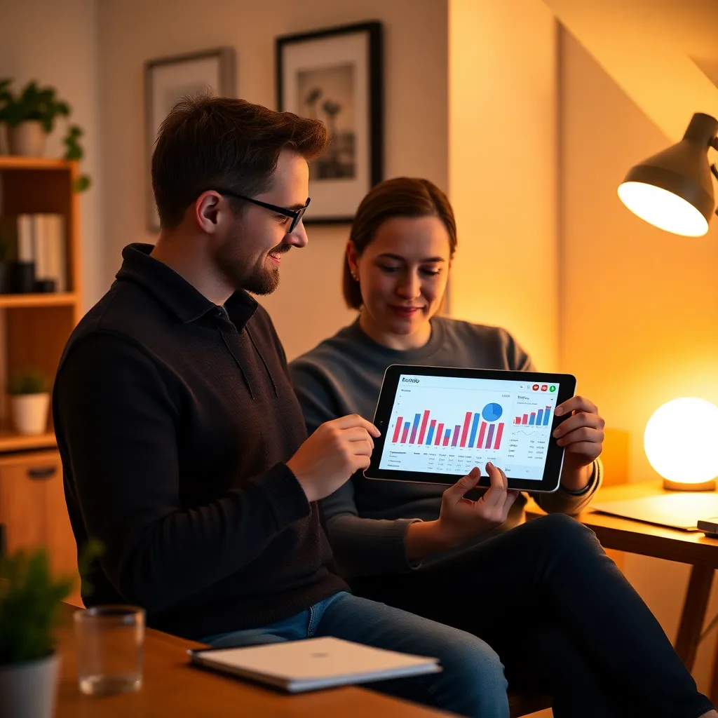 Echtpaar evalueert hun financiële voortgang tijdens maandelijkse budgetbespreking