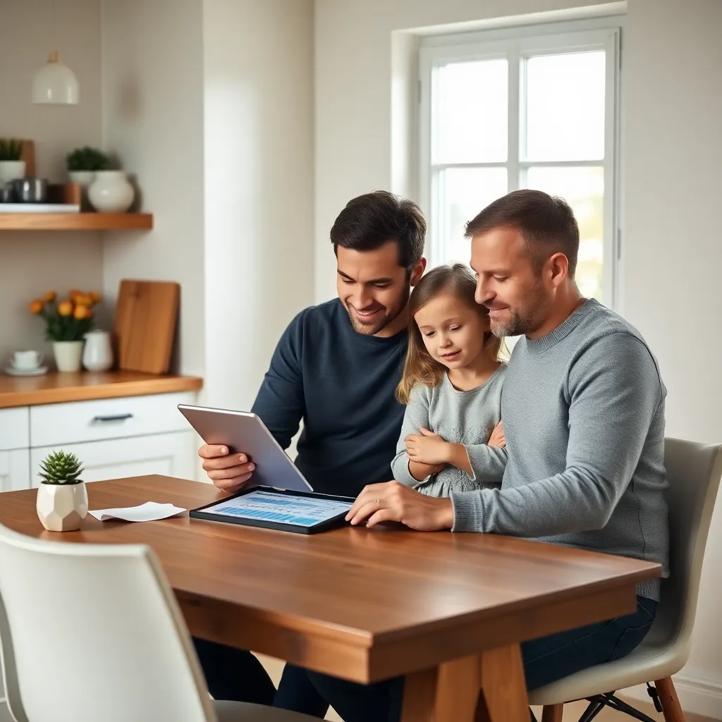 Moeder werkt aan gezinsbudget op laptop terwijl vader met kind speelt