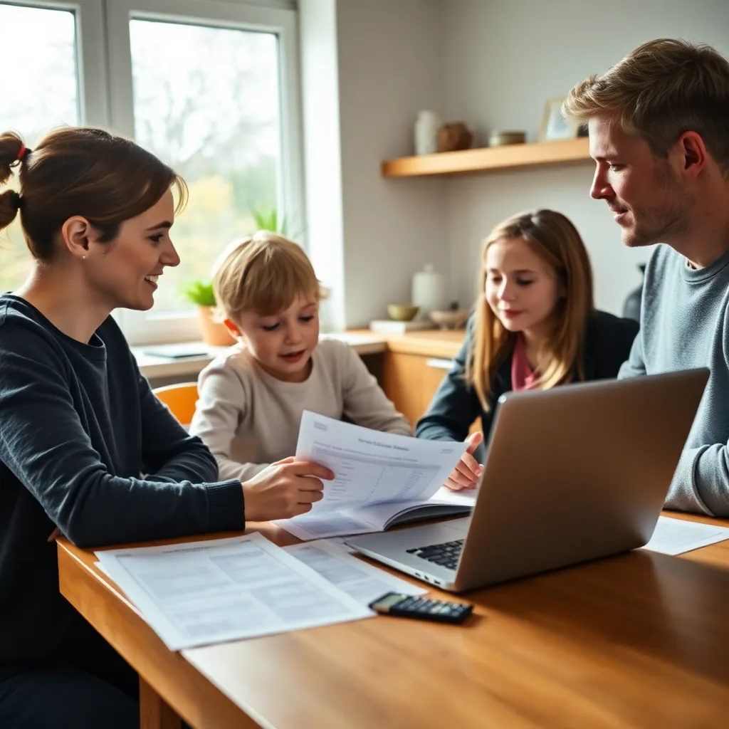 Nederlandse familie bespreekt financiën aan keukentafel met laptop en documenten